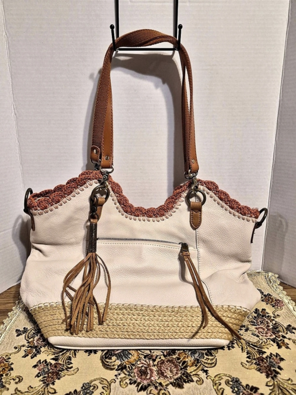 the sak Cream & Brown Crochet Trim Shoulder Bag